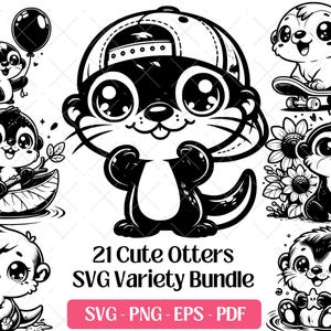 かわいい赤ちゃんカワウソの SVG バンドル、カッティング ファイル、ベクター アート、PNG Eps Pdf、レーザー彫刻ファイル · カワウソの顔の頭のクリップアート赤ちゃん動物のシルエット