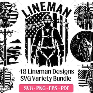 Op de afbeelding: Een verzameling van 48 lineman-ontwerpen in SVG-, PNG-, EPS- en PDF-formaten. De afbeeldingen tonen silhouetten van linemen aan het werk, met Amerikaanse vlag- en bliksemmotieven. Het woord "LINEMAN" is prominent aanwezig.