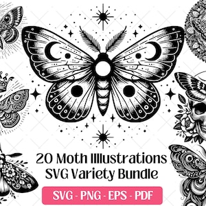 Puede incluir: Ilustraciones en blanco y negro de diferentes polillas, incluyendo una con una calavera y otra con una corona. La imagen incluye el texto "20 Moth Illustrations SVG Variety Bundle" y opciones de tipo de archivo.