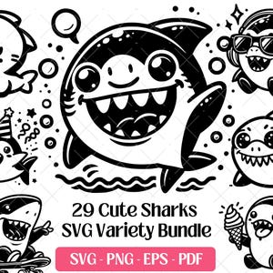 Pode incluir: Um pacote de variedade SVG em preto e branco com 29 ilustrações de tubarões fofos. Os tubarões têm várias expressões e são retratados com acessórios como óculos de sol, fones de ouvido e chapéus de festa. O pacote inclui formatos SVG, PNG, EPS e PDF.