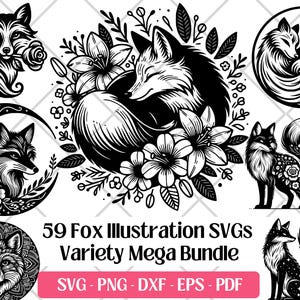 Renard SVG Bundle, fichiers de découpe, art vectoriel, PNG, DXF Eps Pdf, fichiers de gravure laser · mignon renard floral silhouette forêt animaux clipart