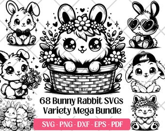 May include: Black and white digital illustrations of various bunny rabbits. One bunny wears a bow tie, another holds flowers, and one is in a basket. The image includes the text "68 Bunny Rabbit SVGs Variety Mega Bundle."