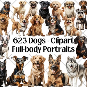 Dog Illustration Clipart Bundle, 623 Full-body Dog Breeds PNG Sublimation Designs, Watercolor Puppy Dog Mega Bundle, Digital Download