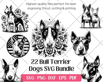 Può includere: Una collezione digitale di 22 illustrazioni di cani Bull Terrier in bianco e nero. Le grafiche mostrano varie pose, tra cui un cane con fiori, un cane con occhiali da sole e un cane con una bandiera americana. Testo: 22 Bull Terrier Dogs SVG Bundle, SVG, PNG, DXF, EPS, PDF.