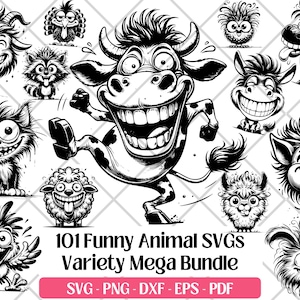 Grappige dieren SVG-bundel, schattige eigenzinnige gekke dieren Svg-bestanden Vector Art Svg, PNG DXF Eps, Pdf, Cartoon landbouwhuisdieren gezichten Svg voor lasersnijden