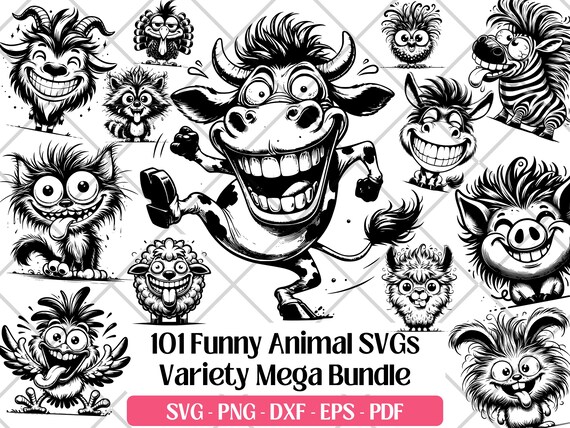 Funny Cartoon Animal SVG Bundle, Quirky Laser Cut Files (pdf, png, dxf, eps)