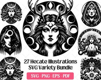 Paquete de archivos SVG de la diosa Hécate · Imágenes prediseñadas paganas wiccanas en formato PNG · Archivos para Cricut