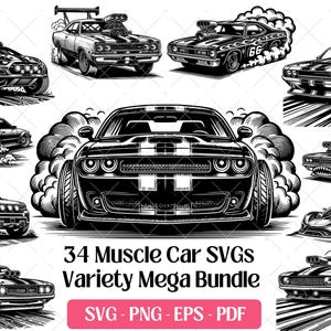 May include: A collection of black and white muscle car illustrations. The image features various car designs, including classic and modern styles, with smoke effects. Text reads "34 Muscle Car SVGs Variety Mega Bundle" with file type options.