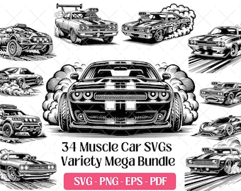 May include: A collection of black and white muscle car illustrations. The image features various car designs, including classic and modern styles, with smoke effects. Text reads "34 Muscle Car SVGs Variety Mega Bundle" with file type options.