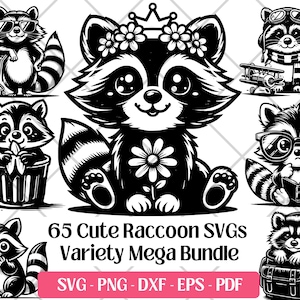 Cute Raccoon SVG Bundle, PNG, DXF Eps Pdf, Laser Engraving Cutting Files · Baby Raccoon Head Face, Floral Funny Raccoon Silhouette Clipart