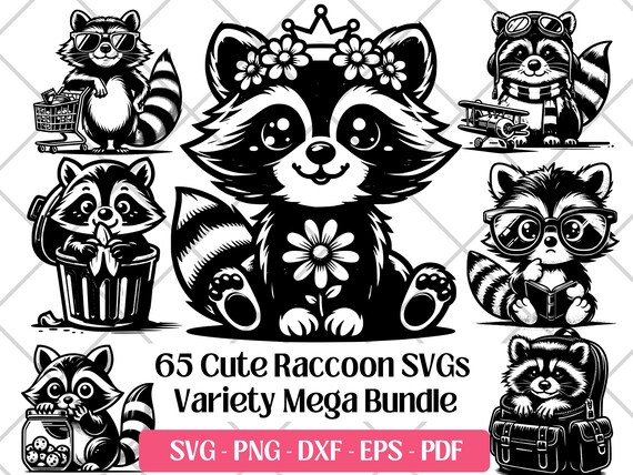 Cute Raccoon SVG Bundle, PNG, DXF Eps Pdf, Laser Engraving Cutting Files · Baby Raccoon Head Face, Floral Funny Raccoon Silhouette Clipart