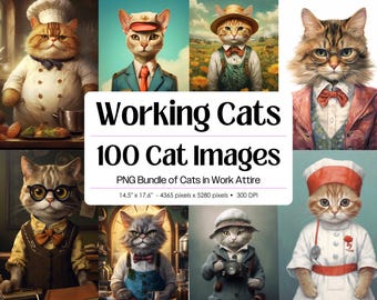 Lot Cat Professions PNG · Les chats au travail Junk Journal Ephemera
