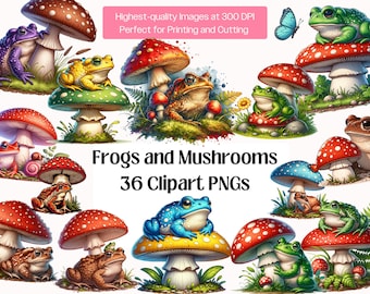 Frog Mushroom PNG Bundle · Toad Watercolor Cottagecore Clipart