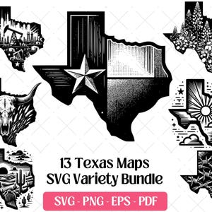 Könnte beinhalten: Eine Sammlung von 13 schwarz-weißen Texas-Kartendesigns in einem SVG-Variationspaket. Die Designs umfassen Illustrationen von Ölbohrtürmen, einem Longhorn-Schädel, einem Stern, Blumen, einem Sonnenaufgang und Stacheldraht. Der Text lautet "13 Texas Maps SVG Variety Bundle".
