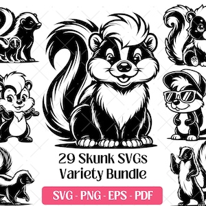 Lot de mouffettes SVG · Clipart animal drôle de dessin animé fantaisiste PNG PDF · Silhouette découpée au laser Cricut