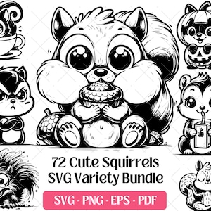 May include: Black and white SVG bundle featuring 72 cute squirrel designs. Includes various squirrel illustrations, some holding acorns, drinking juice, or in a teacup. Formats: SVG, PNG, EPS, and PDF.