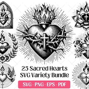 Op de afbeelding: Zwart-wit SVG-bundel met 25 heilige hartontwerpen. De ontwerpen omvatten harten met vlammen, kruisen, doornenkransen en bloemelementen. De tekst "25 Sacred Hearts SVG Variety Bundle" is ook opgenomen.