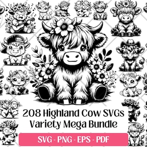 Highland Cow SVG Bundle, Baby Farm Animal Clipart PNG PDF Cricut Files