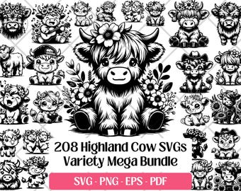 Paquete de archivos SVG de vaca de las Tierras Altas, imágenes prediseñadas de animales de granja bebés en formato PNG y PDF para Cricut.