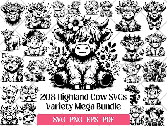 Highland Cow SVG Bundle, Baby Farm Animal Clipart PNG PDF Cricut Files