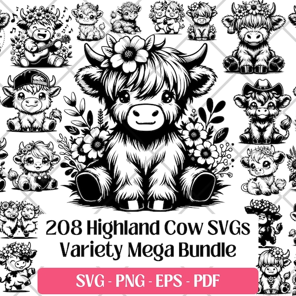 Highland Cow SVG Bundle, Baby Calf Farm Animal Cricut Cut Files, Clipart PNG Designs