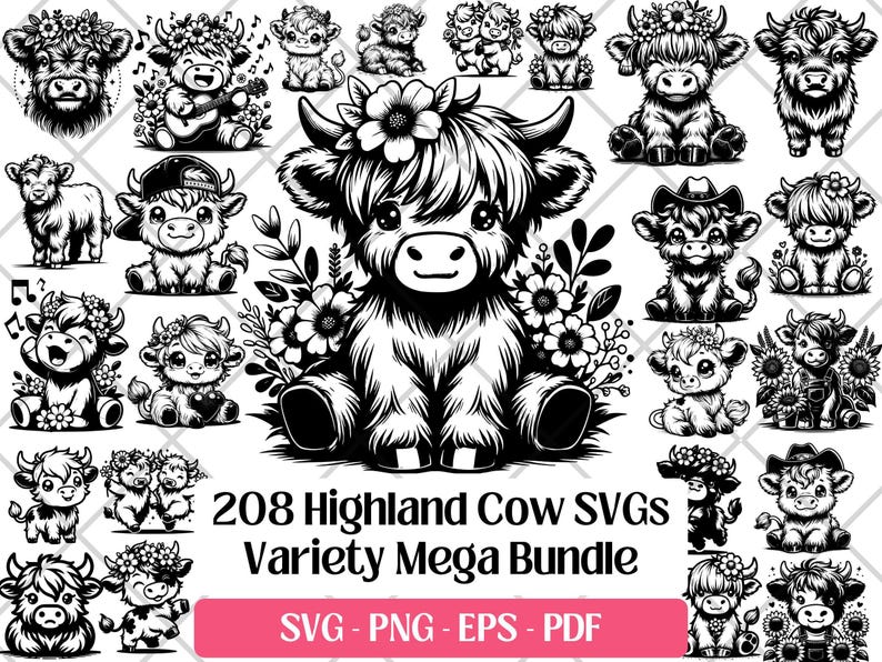Highland Cow SVG Bundle, Baby Farm Animal Clipart PNG PDF Cricut Files image 1