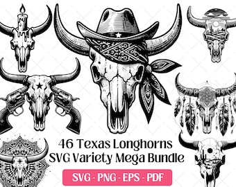 Texas Longhorn Skull SVG Bundle, Cutting Laser Engraving Files Vector PNG Eps Pdf, Western Texas State Longhorns Cow Bull Silhouette Clipart