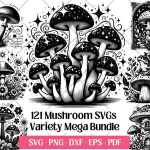 Paquete SVG de hongos, PNG DXF Eps Pdf, archivos de corte por láser, diseño de imágenes prediseñadas de silueta de hongo bohemio floral celestial místico mágico