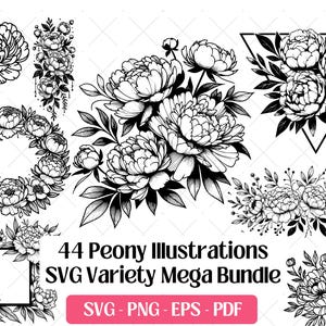 Pfingstrosen SVG-Bundle, schneiden Lasergravur-Dateien, PNG Eps · Botanische Pfingstrose Blumenstrauß Hochzeit Blume Wildblume Floral Silhouette Clipart svg