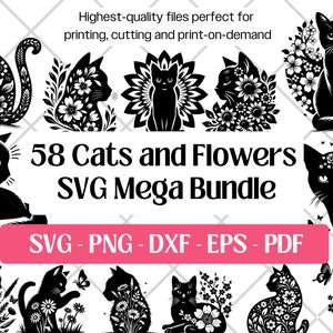 Blumenkatze SVG Bundle • Katzen- und Blumen-Svg-Dateien Vektor Kunst PNG DXF Eps Pdf für Katzenmütter Väter • Katzensilhouette Clipart svg für Laserschneiden