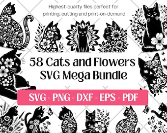 Floral Cat SVG Bundle • Cat and Flower Svg Files Vector Art PNG DXF Eps Pdf for Cat Moms Dads • Cat Silhouette Clipart Svg for Laser Cutting