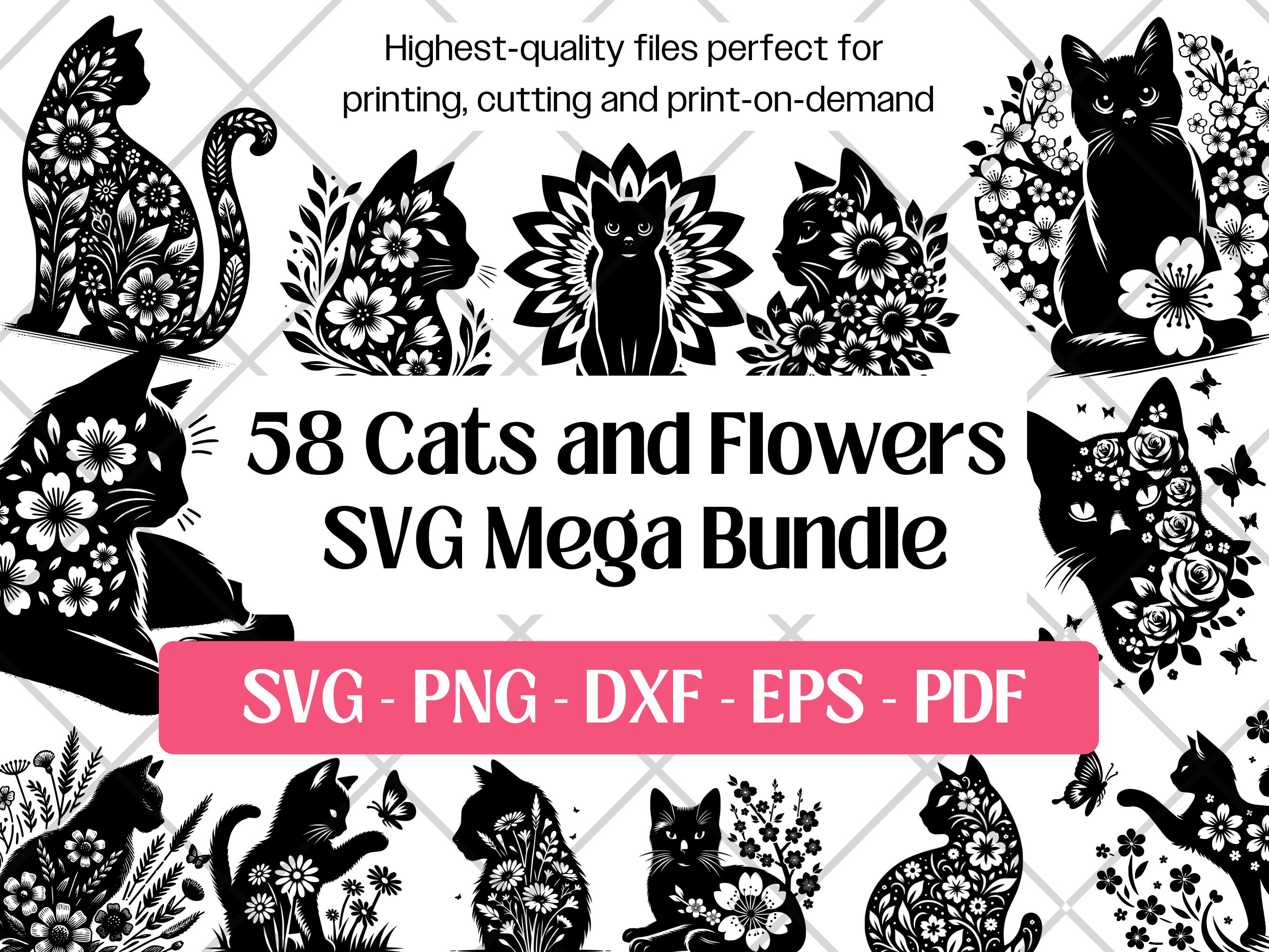 Floral Cat SVG Bundle · Cute Flower Botanical Silhouette Floral Cat ...