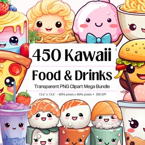 Kawaii Food and Drinks Clipart, 450 Cute Kawaii Drinks and Food Sublimation Printable Kawaii Sticker and T-shirt Designs, Kawaii PNG Prints