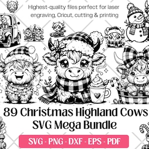 Kerst Highland Cow SVG-bundel, Vector, PNG, DXF, Eps, Pdf-snijden en lasergravure-bestanden voor knipsel, afdrukken, schattige babykoe-sublimatie