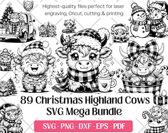 Christmas Highland Cow SVG Bundle, Vector, PNG, DXF, Eps, Pdf Cutting and Laser Engraving Files for Cutout,Prints, Cute Baby Cow Sublimation