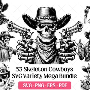 Skelett Cowboy SVG Bundle, Schneiden Laser Gravur Dateien Vektor Art PNG Eps Pdf, Western Gothic Lustige Skelett Cowboy Clipart Schädel Designs