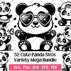 May include: Black and white panda bear illustrations in various poses, including one wearing heart-shaped sunglasses. The image includes the text "52 Cute Panda SVGs Variety Mega Bundle" and file type options.