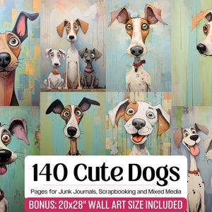 Lustige Hunde Junk-Journal Scrapbooking Ephemera Mixed Media Seiten • Schrullige Wand-Kunst-Porträts, niedliche Welpen-Karikatur-Hunde digitale druckbare Kunst