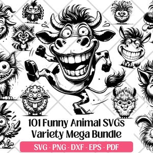 Grappige cartoon dieren SVG-bundel, eigenzinnige lasergesneden bestanden (pdf, png, dxf, eps)