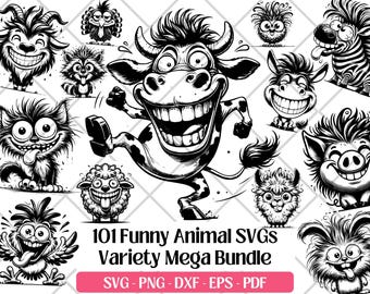 Paquete de archivos SVG de animales de dibujos animados divertidos · Imágenes prediseñadas PNG originales · Archivos para Cricut
