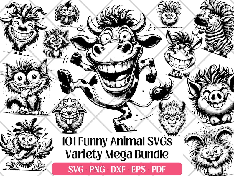 Paquete de archivos SVG de animales de dibujos animados divertidos · Imágenes prediseñadas PNG originales · Archivos para Cricut imagen 1