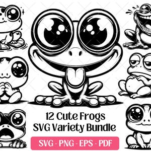 以下が含まれることがあります： 12匹のかわいいカエルのデザインの白黒イラスト。カエルは大きな目を持ち、笑顔、驚き、思慮深い表情など、さまざまな表情をしています。「12 Cute Frogs SVG Variety Bundle」というテキストとファイルタイプのオプションがあります。