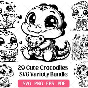 Puede incluir: Una colección de 29 diseños SVG de cocodrilos adorables en blanco y negro. Las ilustraciones muestran cocodrilos encantadores con varios accesorios, incluyendo helado, un bate de béisbol y un osito de peluche. El paquete incluye formatos SVG, PNG, EPS y PDF.