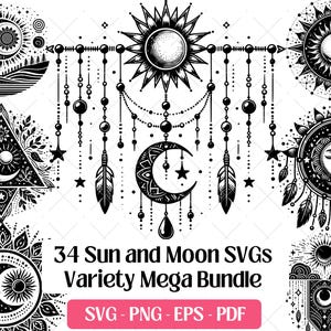 Zon en maan SVG-bundel, snijden lasergravure bestanden, vector png eps pdf · hemels mystiek symbool zon wassende maan clipart silhouet