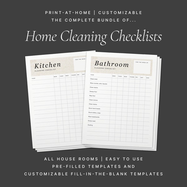 Complete Home Cleaning Checklists Bundle, Printable Downloads, Fillable PDFs - Simple, Easy Templates for House Cleaning, Housekeeping