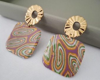 Pendientes ligeros de arcilla polimérica, joyas coloridas hechas a mano, pendientes gráficos y cuadrados únicos, regalo original para mujer