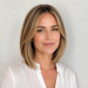 Puede incluir: Una persona con cabello rubio a la altura de los hombros, con capas y reflejos castaños oscuros, peinado con raya al medio. El cabello está liso con un volumen suave que enmarca el rostro. La persona viste una camisa blanca lisa con cuello.