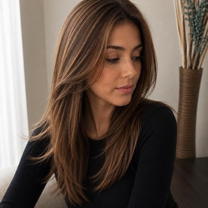 May include: A long, straight hairstyle with layered ends and warm brown highlights. The hair features a side-swept fringe that frames the face, showcasing a smooth texture and natural movement. The style is paired with a simple, solid black long-sleeved top.