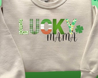 Irish Theme Crewneck Sweatshirt for Mama Shirt with Irish Flag Print for Her Gift Shirt with Irish Prints for Friend Irish Shirt Shamrock