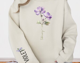 February Birth Month Sweatshirt, Violet Flower Graphic